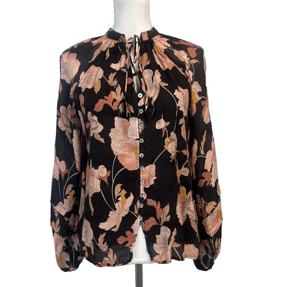 Fate Poet Blouse sz Small Black Brown Peach Floral Anthropologie Cottage Core #S - Picture 1 of 8